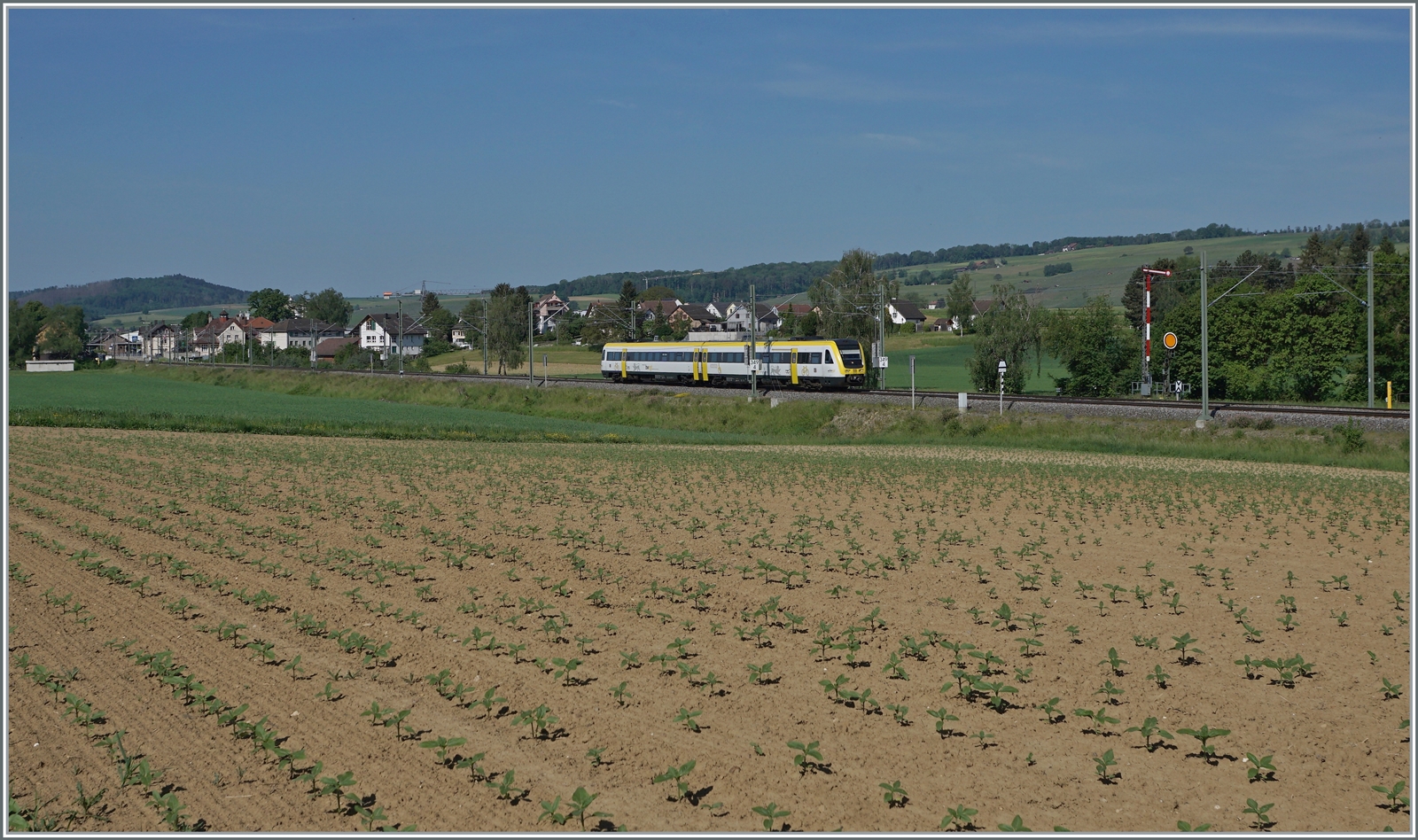 Ein DV VT 612 im Klettgau bei Neunkirch auf dem Weg nach Schaffhausen. Die Strecke im schweizerischen Klettgau gehört der DB. 

15. Mai 2022