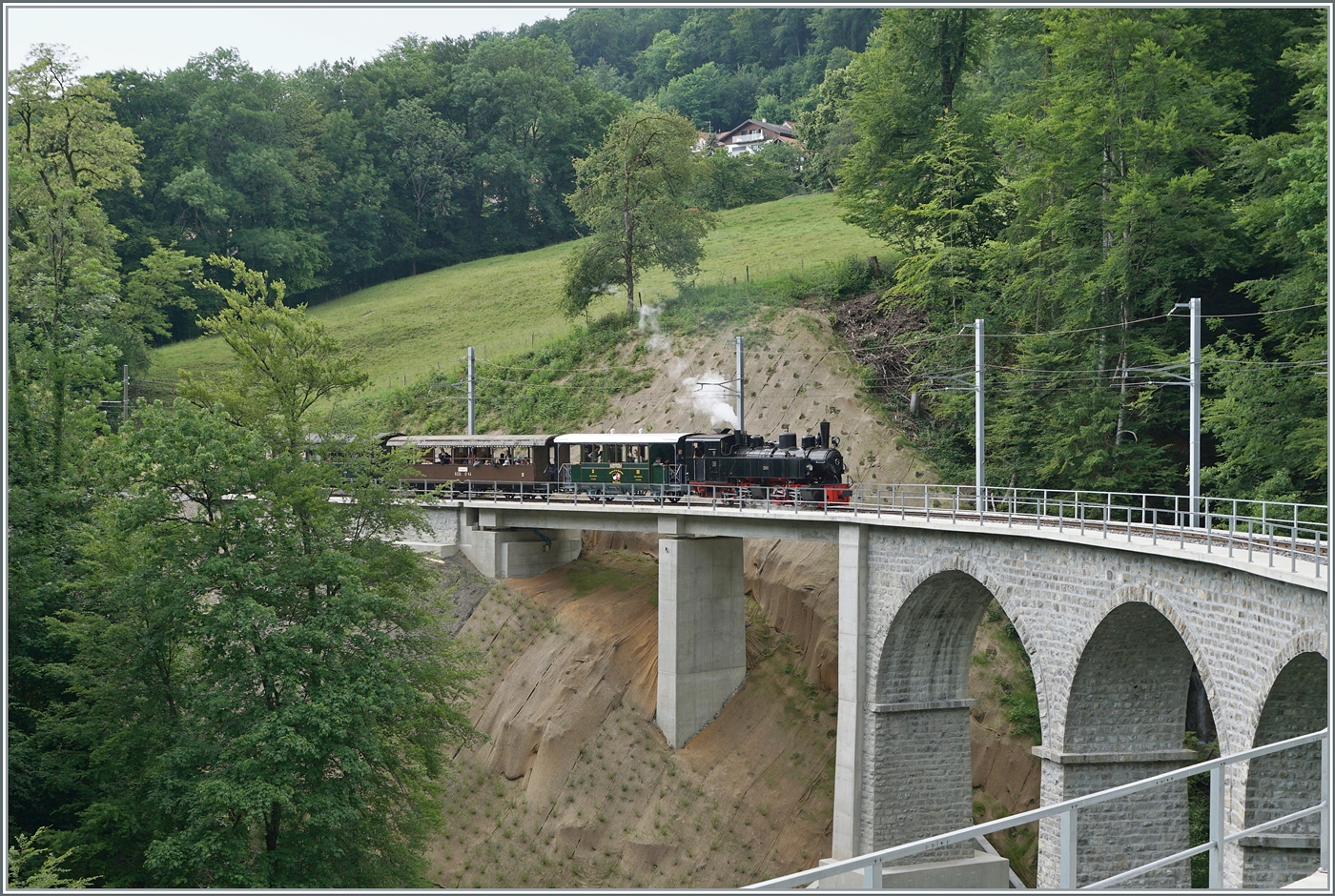 Festival Suisse de la vapeur (Schweizer Dampffestival 2025) - Die SEG G 2x 2/2 105 mit einen Dampfzug auf der Fahrt von Blonay nach Chaulin auf dem Baye de Clarens Viadukt unterwegs. Das Bild zeigt eindrücklich die bei der Sanierung des Baye de Clarens Viaduktes erfolgte Rodung. Oberhalb der Lok, beim Baum, entstanden die Bilder der Gegenrichtung. 

8. Juni 2025
