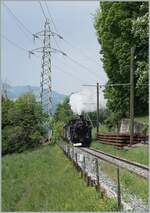 Kurz vor Kilometer 8.2 ist die BFD HG 3/4 N° der Blonay Chamby Bahn mit ihrem Dampfzug auf dem Weg nach Chaulin (via Chamby).

3. Mai 2025
