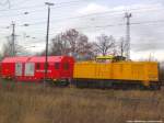 203 315-6 mit einem Notfalltechnikwagen bei einer Betriebspause im Bahnhof Angersdorf am 11.12.14