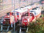 362 559 und 261 063 und weitere Loks der Baureihe 232 und 233 abgestellt am Betriebswerk Halle P am 4.9.18