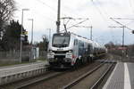 159 208 von BSAS mit einem Güterzug bei der Durchfahrt im Bahnhof Zöberitz am 19.3.21