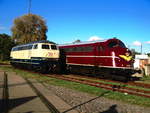 218 472-9 von Power Rail und DSB My 1138 (227 004) von CLR im Magdeburger Wissenschaftshafen am 10.9.17