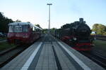 772:140 mit 772 141 und 99 782 im Bahnhof Putbus am 30.7.21