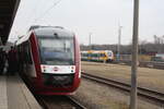 hanseatische-eisenbahn-egp/851340/640-121-mit-640-122-der 640 121 mit 640 122 der Hanseatischen Eisenbahn mit ziel Stendal Hbf im Bahnhof Rathenow am 9.3.24