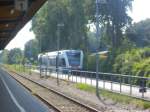 usedomer-baderbahn-gmbh-ubb/371732/ubb-gtw-26-mit-ziel-zuessow UBB GTW 2/6 mit ziel Zssow im Bahnhof Seebad Ahlbeck am 27.7.14
