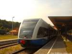 usedomer-baderbahn-gmbh-ubb/371774/ubb-gtw-26-mit-ziel-zuessow UBB GTW 2/6 mit ziel Zssow im Bahnhof Seebad Heringsdorf am 28.7.14