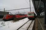 185 171-6,140 374-0 und 628 von EVB sta&acute;nden am 03.01.2011 in Wanne-Eickel.