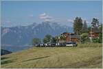 Die MOB Ge 4/4 8002 ist mit ihrem GPX bei Les Avants auf dem Weg in Richtung Interlaken Ost, wobei ab Zweisimmen eine BLS Re 465 den Umspurzug übernehmen wird.
Eine Bildvariante eines bereits gezeigten Bides mit wesentlich mehr Landschaft. 

 ...