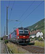 Zwischen Ligerz und Twann ist die SBB Cargo 193 064 mit einer weitern und einer 'kalten' Re 4/4 II mit einem Güterzug auf er Fahrt in Richtung Biel/Bienne. 
19. Juni 2025
