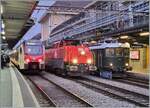 Der SBB RABe 523 110 nach Allaman, die SBB Aem 910 025 und die Re 4/4 I 10039 mit ihrem Extrazug 31131 nach Zürich Enge in Lausanne.