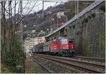 Die SBB Re 4/4 II 11252 (Re 420 252-9) im SwissPass Farbkleid ist bei Veytaux-Chillon mit einem kurzen Güterzug auf dem weg in Richtung Wallis.