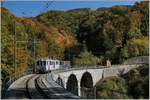 Ein Blonay-Chmby Museumsbahn Zug im bunten Herbst auf dem baufälligen Baie de Clarens Viadukt auf dem Weg nach Blonay-    14.