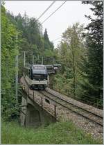 Ein GoldenPass MOB Belle Epoque Zug auf der Fahrt von Zweisimmen nach Montreux kurz vor Sendy Sollard.