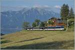 Der MOB ABe 4/4 9302 (Alpina) an der Spitze des Zugs ist mit dem Regionalzug R 30 2207 von Zweisimmen nach Montreux bei Les Avants unterwegs.