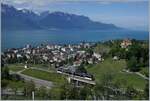 Vor dem Hintergrund des Genfers See und der Savoyer Alpen überquert ein CEV MVR ABeh 2/6 Zug bei Châtelard VD auf einer Brücke gerade die Autobahn A9.