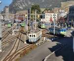 Blick auf den Bahnhof von Aigle mit TPC Zügen nach Monthey Villle,Les Diablerets und Leysin.
Zudem stehen im Vordergrund die beiden ABDe 4/4 1 und 2 aus der Eröffnungs Zeit  de ASD.
2. Nov. 2024