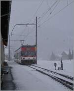 Der ex CEV Be 2/6 7004  Montreux, nun als Be 125 013 bei der Zentralbahn verl�sst bei starkem Schneefall Innertkirchen mit dem Ziel Meiringen.

16. M�rz 2021