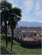 Ein Versuch, in Bellinzona die Gotthartbahnstrecke, Teile der Schlossbefestigung und die Palmen auf ein Bild zu bekommen.