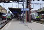 Neuch�tel mit den BLS RABe MIKA 528 106 und 119 von Bern nach La Chaux-de-Fonds und in der Gegenrichtung; links im Bild ein SBB RBDe 560  Domino , der auf die Abfahrt nach Buttes wartet. 

24. August 2026