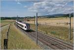 Die beiden SBB RABe 523 027 und 059, unterwegs als RER Vaud von Villeneuve nach Vallorbe kurz nach Arnex.