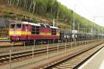 Am 11 April 2014 schleppt CD 372 013 ein PKW-Zug durch Bad Schandau.