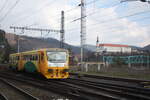 814 033 von Ceske Drahy als Os 6657 von Rumburk kommend bei der Einfahrt in den Endbahnhof Decin hl.n.